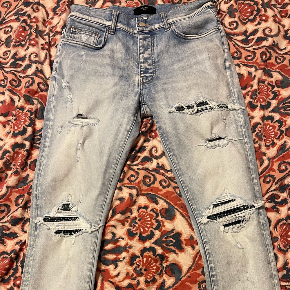 Amiri Mx1 Green Bandana Ripped Jeans.